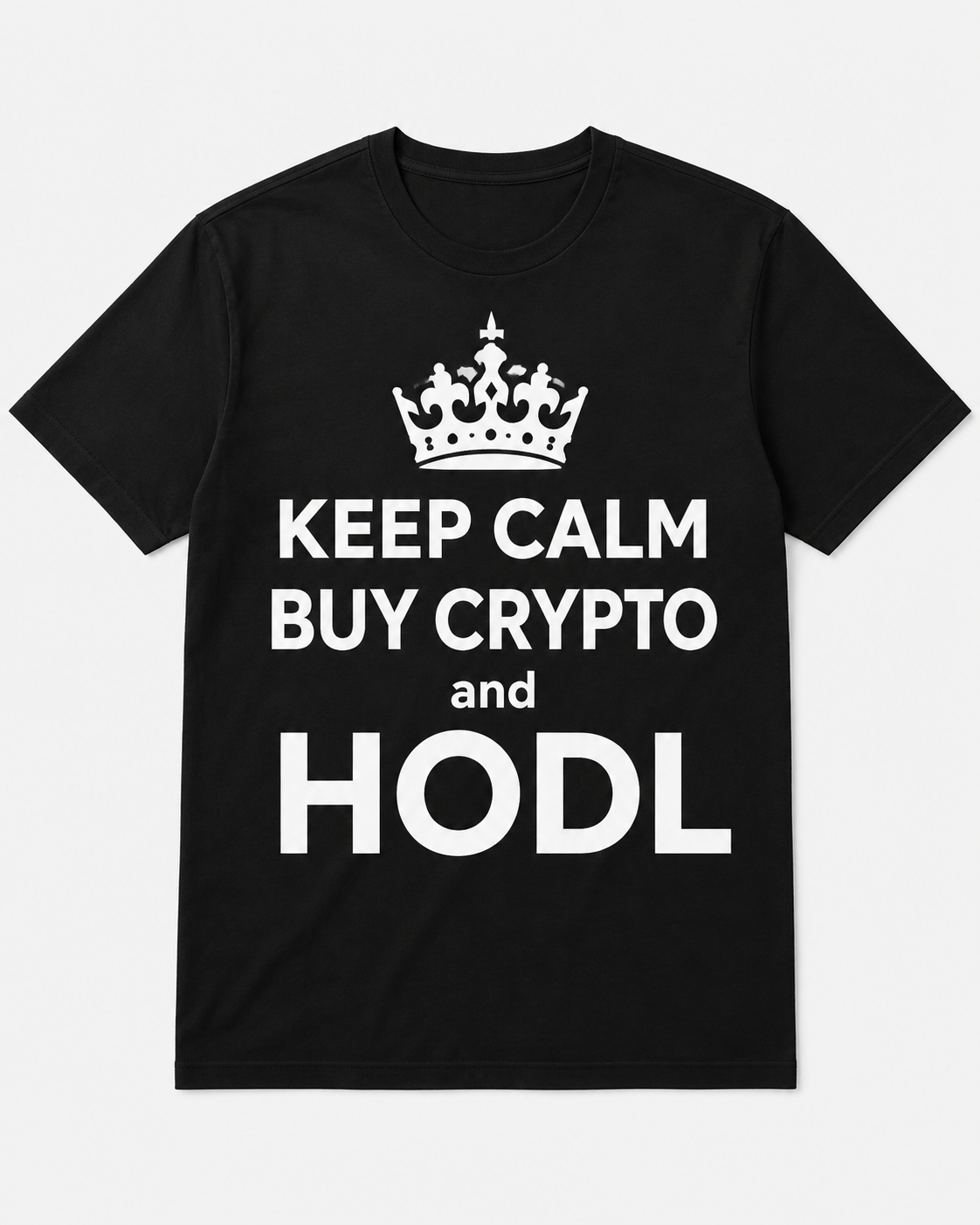 Sort T-shirt med hvidt KEEP CALM BUY CRYPTO and HODL-tryk