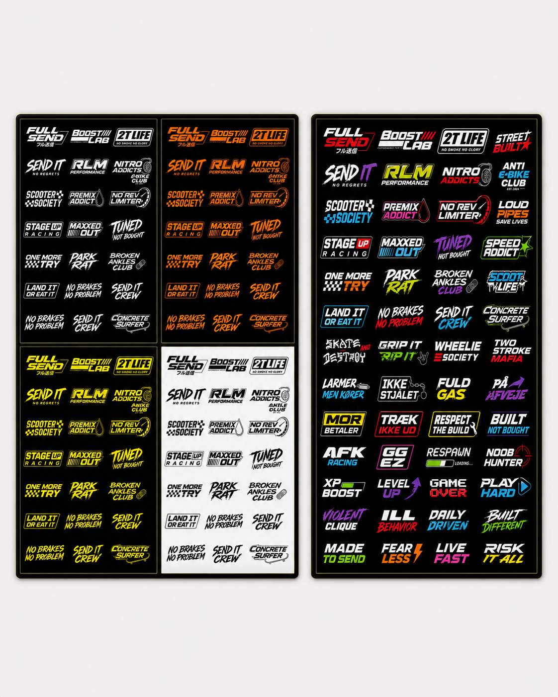 To stickerark med farverige logo-designs i street og motorsport stil.